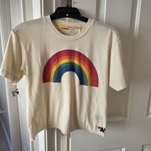 Aviator Nation Cream Crop Tee with Rainbow Graphic Size Small New